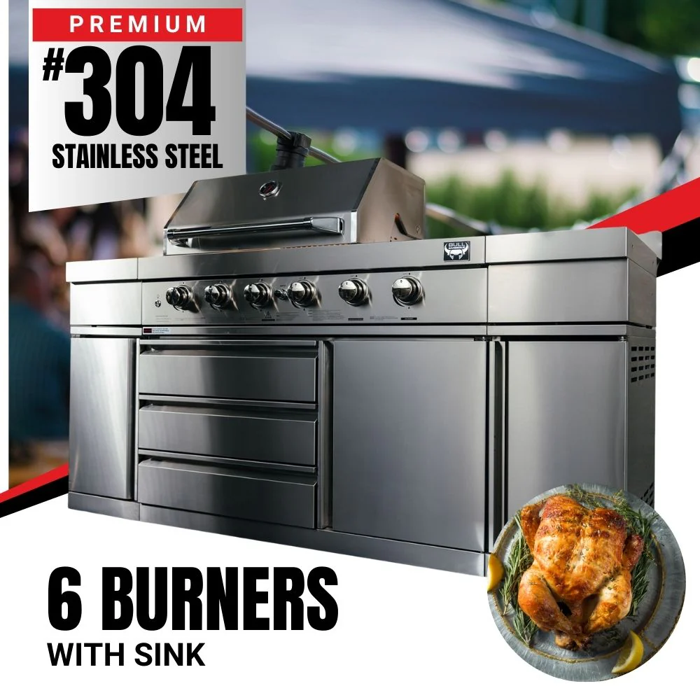 Bull BBQ Premium 6-Burner Outdoor Kitchen with Sink & Rotisserie – #304 Stainless Steel - Image 4